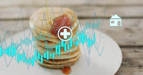 Stack of pancakes getting syrup while chart fading and sector icons sliding Stock Footage 328304089