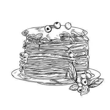 The stack of pancakes with honey and blueberries Stock Illustration