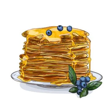 The stack of pancakes with honey and blueberries イラスト素材