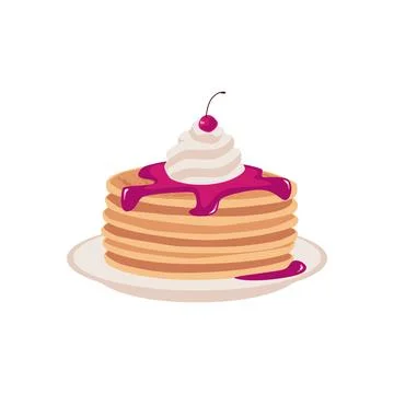 Stack of pancakes with jam fruit topping, whipped cream and cherry on a plate Stock Illustration