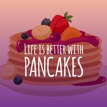 Stack of pancakes with jam topping, whipped cream, fruit berries on a plate Stock Illustration
