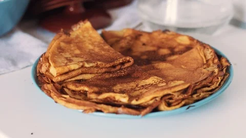 On the stack of pancakes lay another hot pancake Stock Footage 112017932