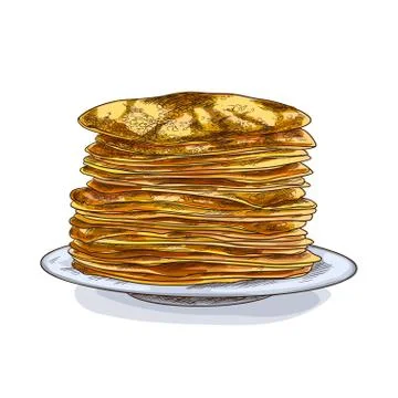Stack of the pancakes on the plate, full color sketch Stock Illustration