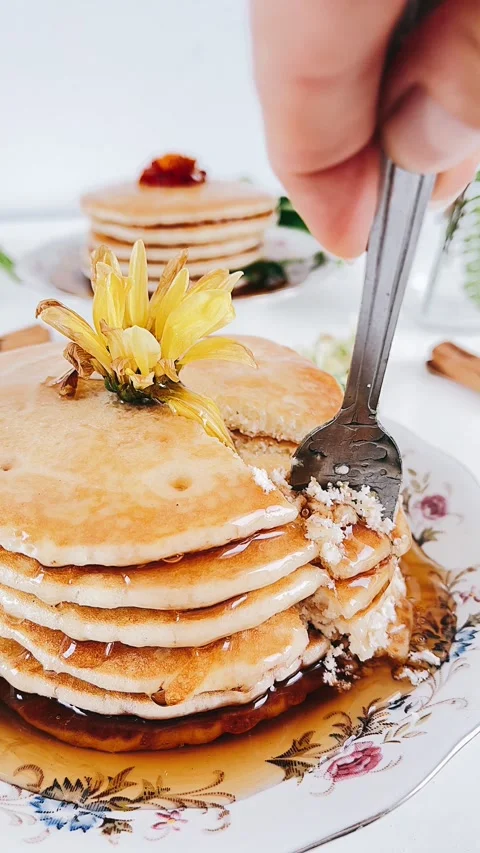 Stack of pancakes on a plate, stack of pancakes with syrup on a plate, Stock Footage 227402945