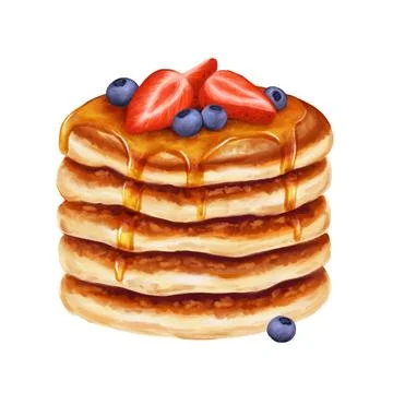 Stack of pancakes poured with syrup or honey with strawberries and blueberries Stock Illustration