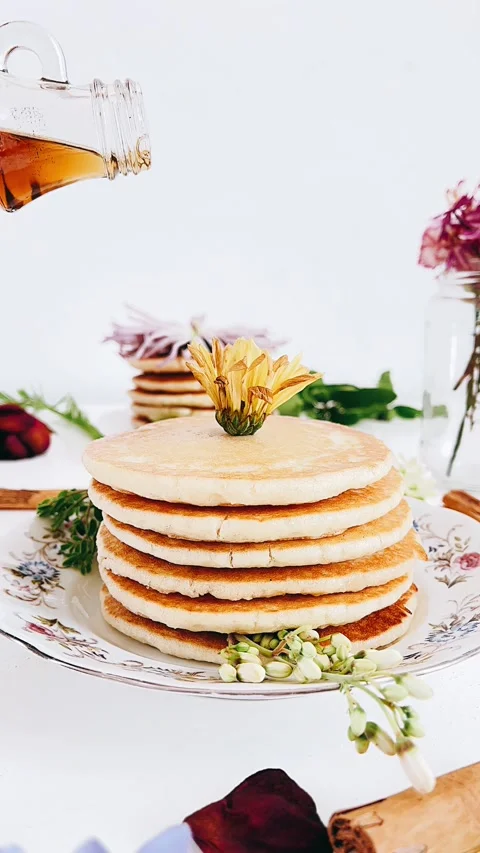 Stack of pancakes, pouring syrup on pancakes, Yummy pancakes, Stock Footage 227403499