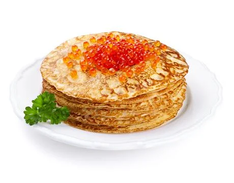 Stack of pancakes with salmon caviar Stock Photos