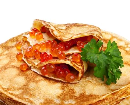 Stack of pancakes with salmon caviar Foto stock