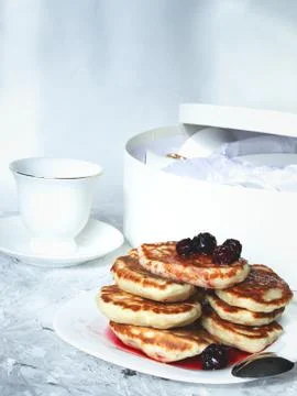 Stack of pancakes with syrup on a plate Stock Photos