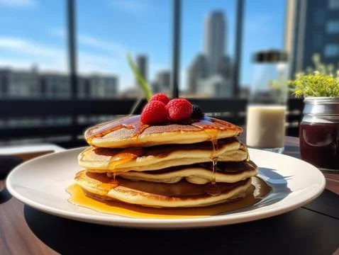 A stack of pancakes with syrup in the sun 写真素材