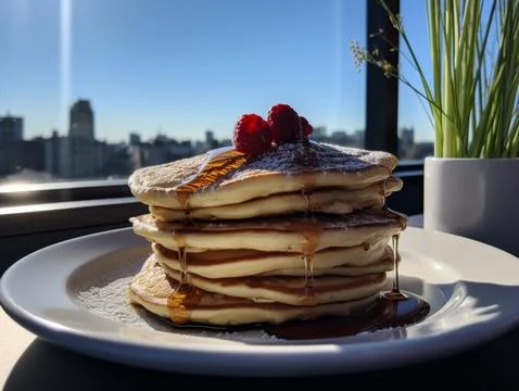 A stack of pancakes with syrup in the sun 스톡 사진