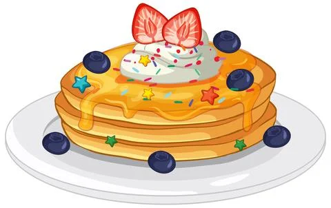 Stack of Pancakes with Syrup Whipped Cream and Fresh Berries 스톡 일러스트