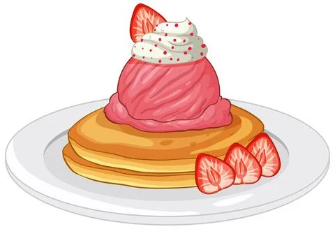 Stack of Pancakes Topped with Strawberry Ice Cream and Whipped Cream Stock Illustration