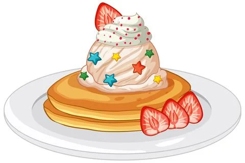 Stack of Pancakes with Whipped Cream and Fresh Strawberry Slices Stock Illustration