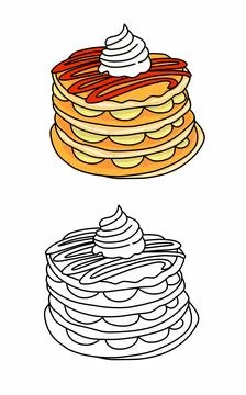 Stack pancakes with whipped cream illustration coloring book Stock Illustration