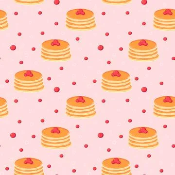 Stack of pancakeson plate pattern with berries on pink background, cute food Illustrazione stock