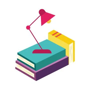 Stack of paper books with colorful hardcovers and reading-lamp isolated on white イラスト素材