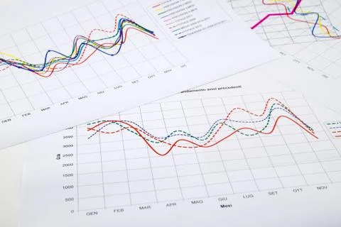 Stack of paper documents with financial reports and statistic information dat Stock Photos