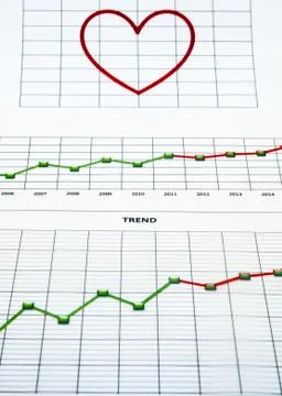 Stack of paper documents with financial reports and a big red heart isolated  Stock Photos