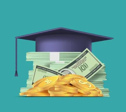 Stack of paper dollar and student cap at the top Stock Illustration