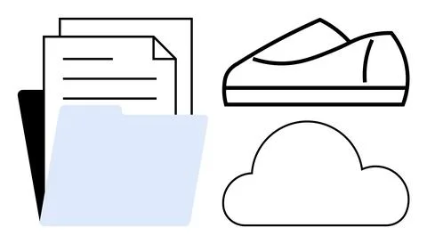 Stack of papers in a folder, shoes, and a cloud. Ideal for organization, busi Illustrazione stock