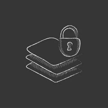 Stack of papers with lock. Drawn in chalk icon Illustrazione stock