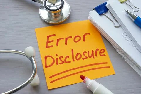 Stack of papers, medical stethoscope and note error disclosure. Stock Photos