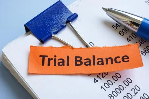 Stack of papers with trial balance. Stock Photos
