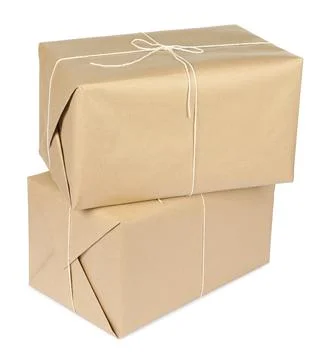 Stack of parcel boxes wrapped in paper isolated on white Foto stock