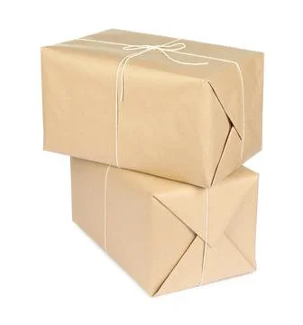 Stack of parcel boxes wrapped in paper isolated on white Stock Photos