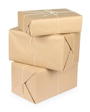 Stack of parcel boxes wrapped in paper isolated on white Foto stock