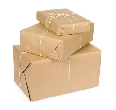 Stack of parcel boxes wrapped in paper isolated on white Stock Photos