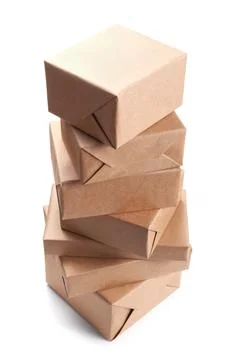 Stack of parcel wrapped with brown packing paper Stock Photos