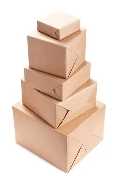 Stack of parcel wrapped with brown packing paper Stock Photos