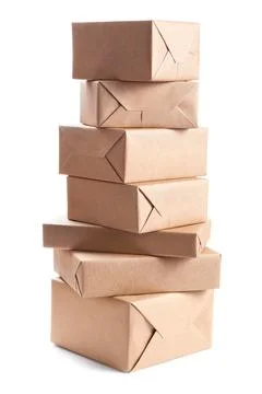 Stack of parcel wrapped with brown packing paper Stock Photos