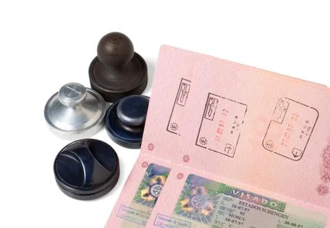 Stack of passports and stamp Foto stock