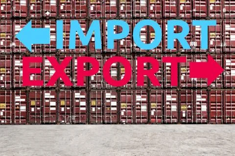 Stack pattern of cargo shipping containers with Export and Import Words Photos