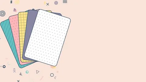 Stack of patterned pastel cards fanning open and closed on the left, empty .. Stock Illustration