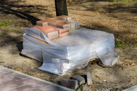 Stack of the pavement slabs is ready for usage placed at construction site Foto stock