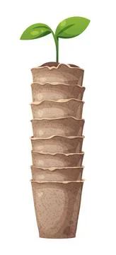Stack of Peat Pots with Growing Seedling on White Background. Flat Vector Ill Illustrazione stock