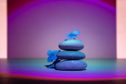 Stack of pebbles with flower, relax calm concept. Ultraviolet background. Stock Photos