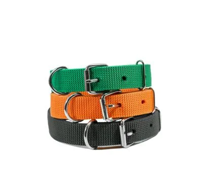 Stack pet collars on isolated white background Stock Photos