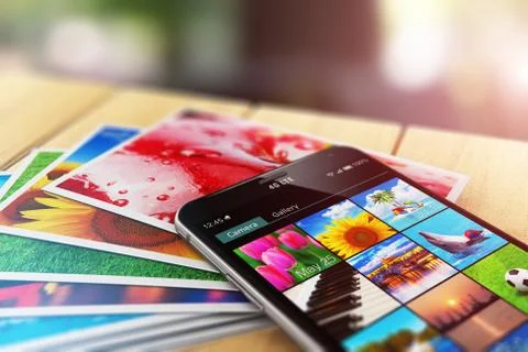 Stack of photos and smartphone with image gallery app Stock Illustration