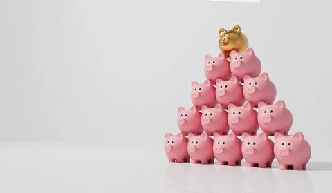 A stack of piggy bank money boxes in a pyramid shape. 3D Rendering Stockillustratie