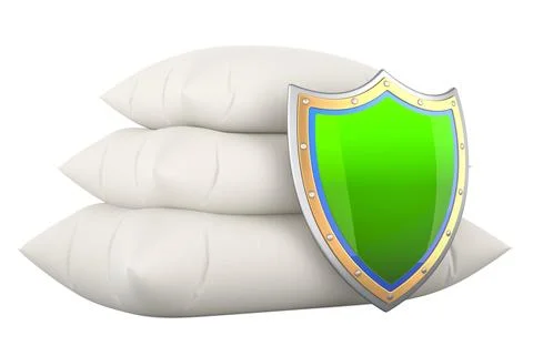 Stack of pillows with shield, 3D rendering 스톡 일러스트