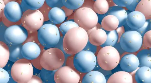 Stack of pink and blue round balloons with confetti mockup Stock-Fotos