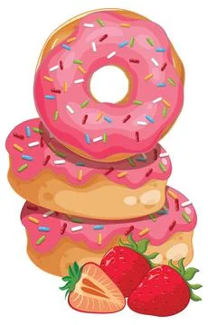 Stack of Pink Frosted Donuts with Sprinkles and Fresh Strawberries 스톡 일러스트