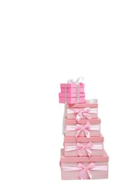 Stack of pink gift boxes with ribbons Foto stock