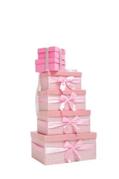 Stack of pink gift boxes with ribbons Foto stock