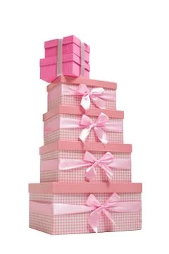 Stack of pink gift boxes with ribbons Foto stock